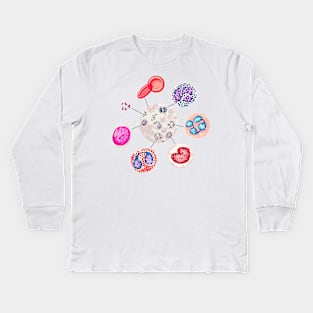 Blood cells. RBCs. WBCs, Basophil, Platelet, thrombocyte, Neutrophil, B-Lymphocyte, Monocyte, Eosinophil. Kids Long Sleeve T-Shirt